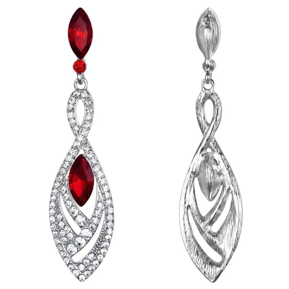 Silver with Ruby Red and Diamond Austrian Crystal Twisted Chandelier Earrings